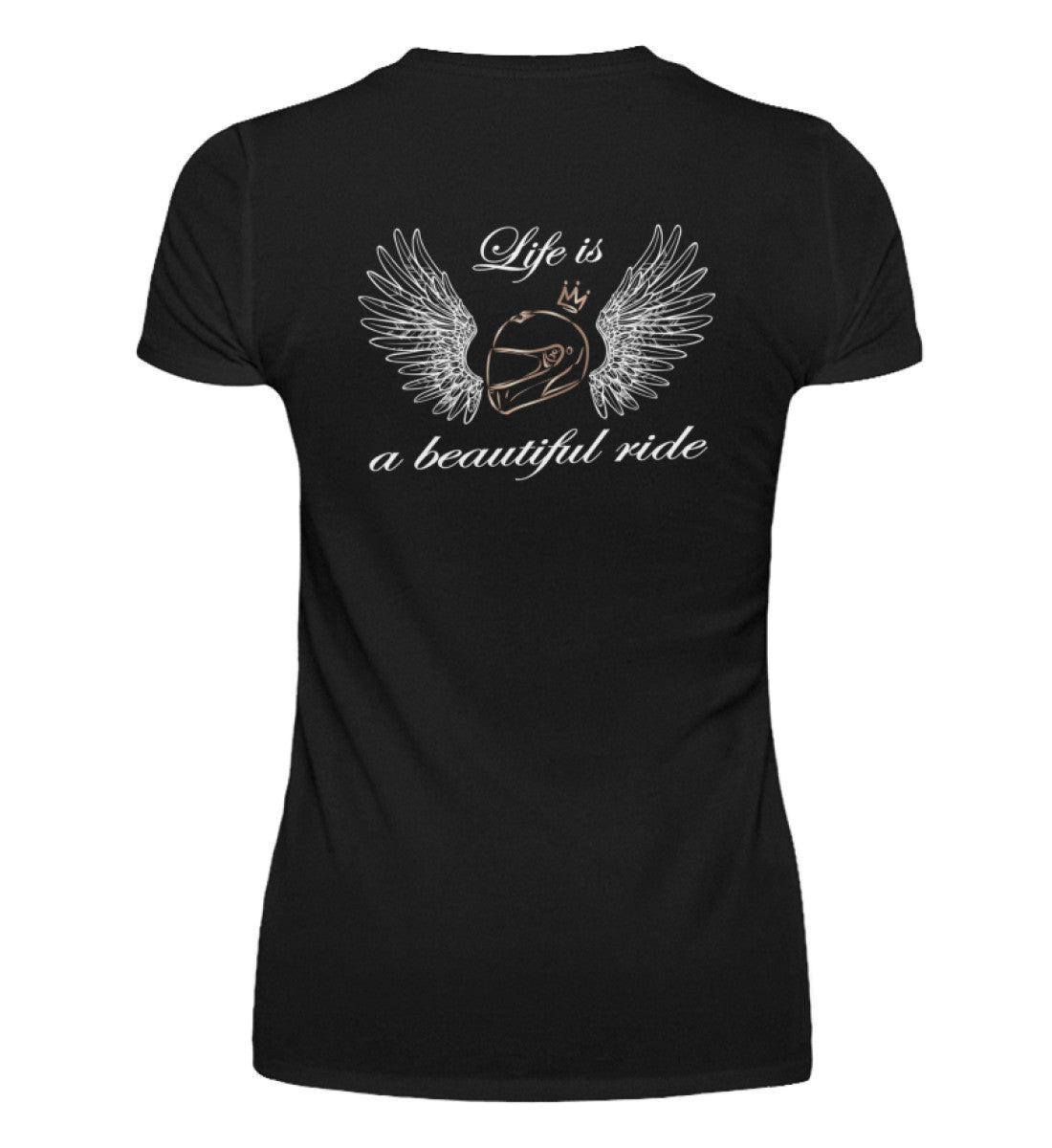 Ein T-Shirt mit V-Ausschnitt für Motorradfahrerinnen von Wingbikers mit dem Aufdruck, Life is a Beautiful Ride - mit Back Print, in schwarz.