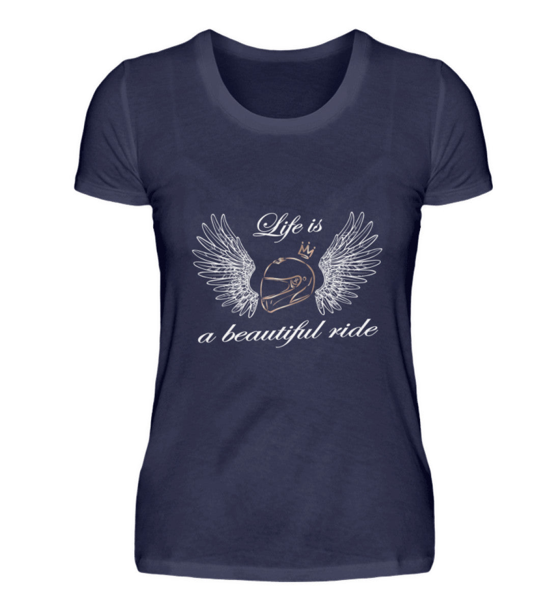 Ein T-Shirt für Motorradfahrerinnen von Wingbikers mit dem Aufdruck, Life is a Beautiful Ride - in navy.