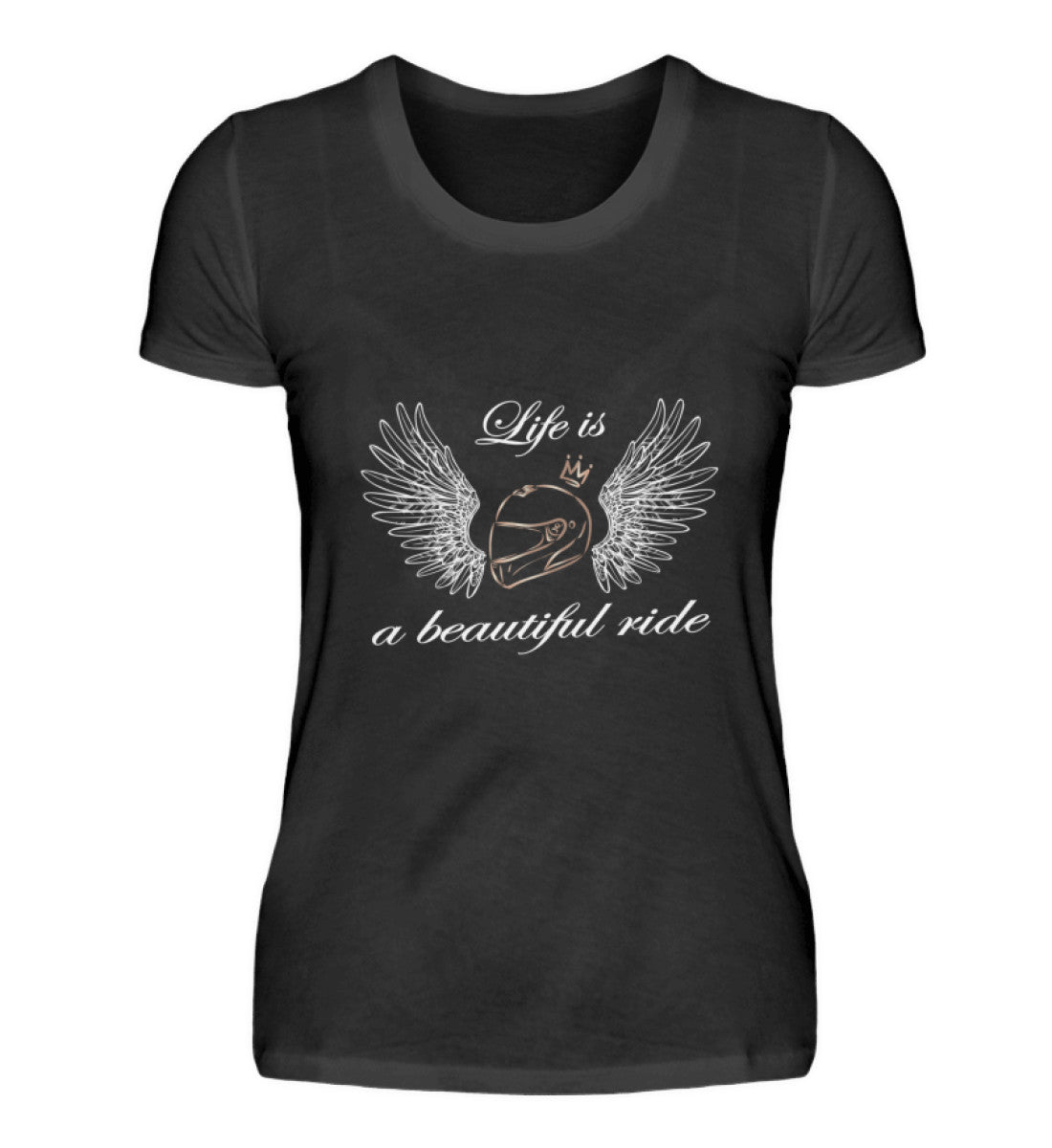 Ein T-Shirt für Motorradfahrerinnen von Wingbikers mit dem Aufdruck, Life is a Beautiful Ride - in schwarz.