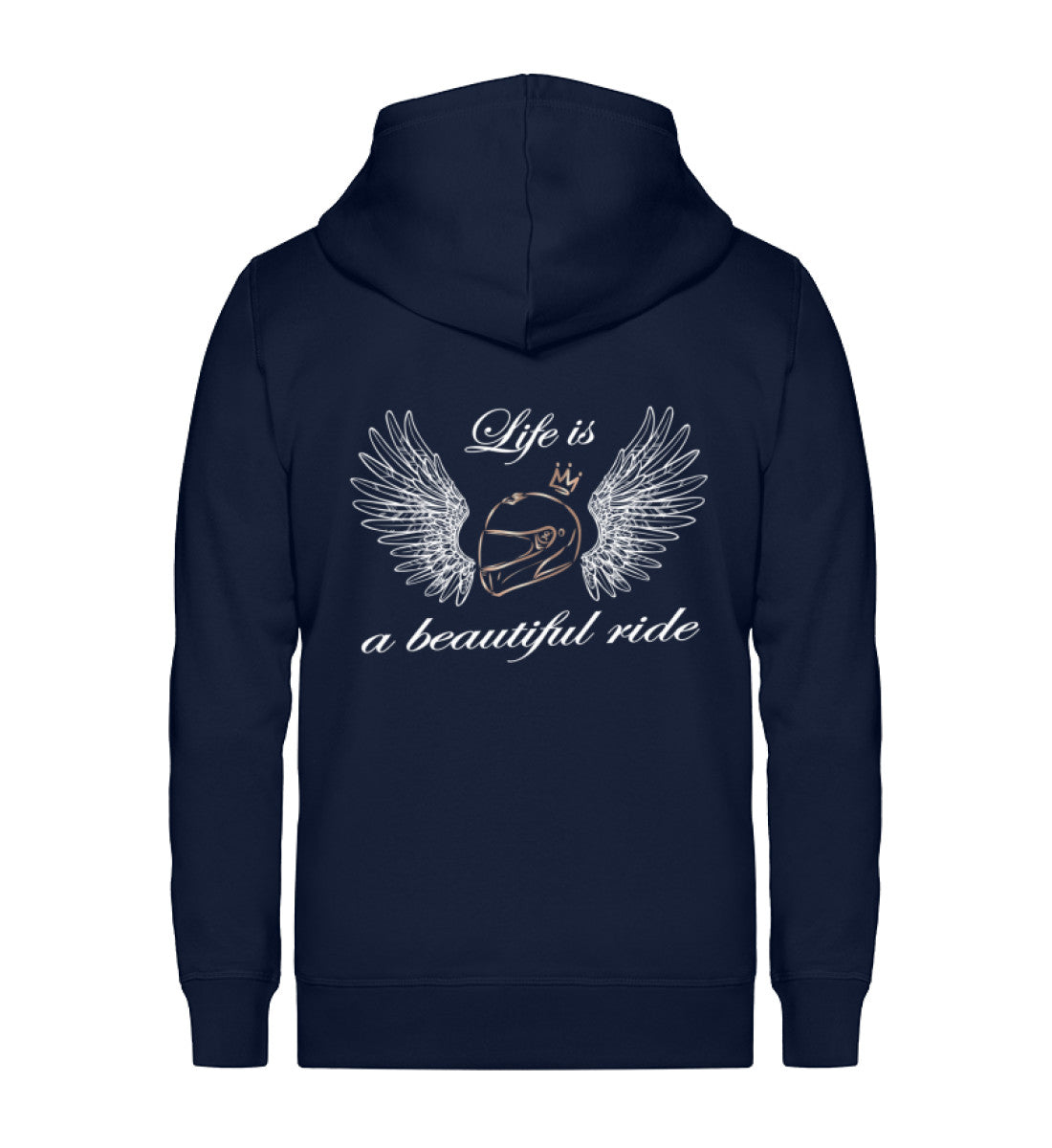 Ein Zip-Hoodie für Motorradfahrerinnen von Wingbikers mit dem Aufdruck, Life is a Beautiful Ride - leger geschnitten, in navy.