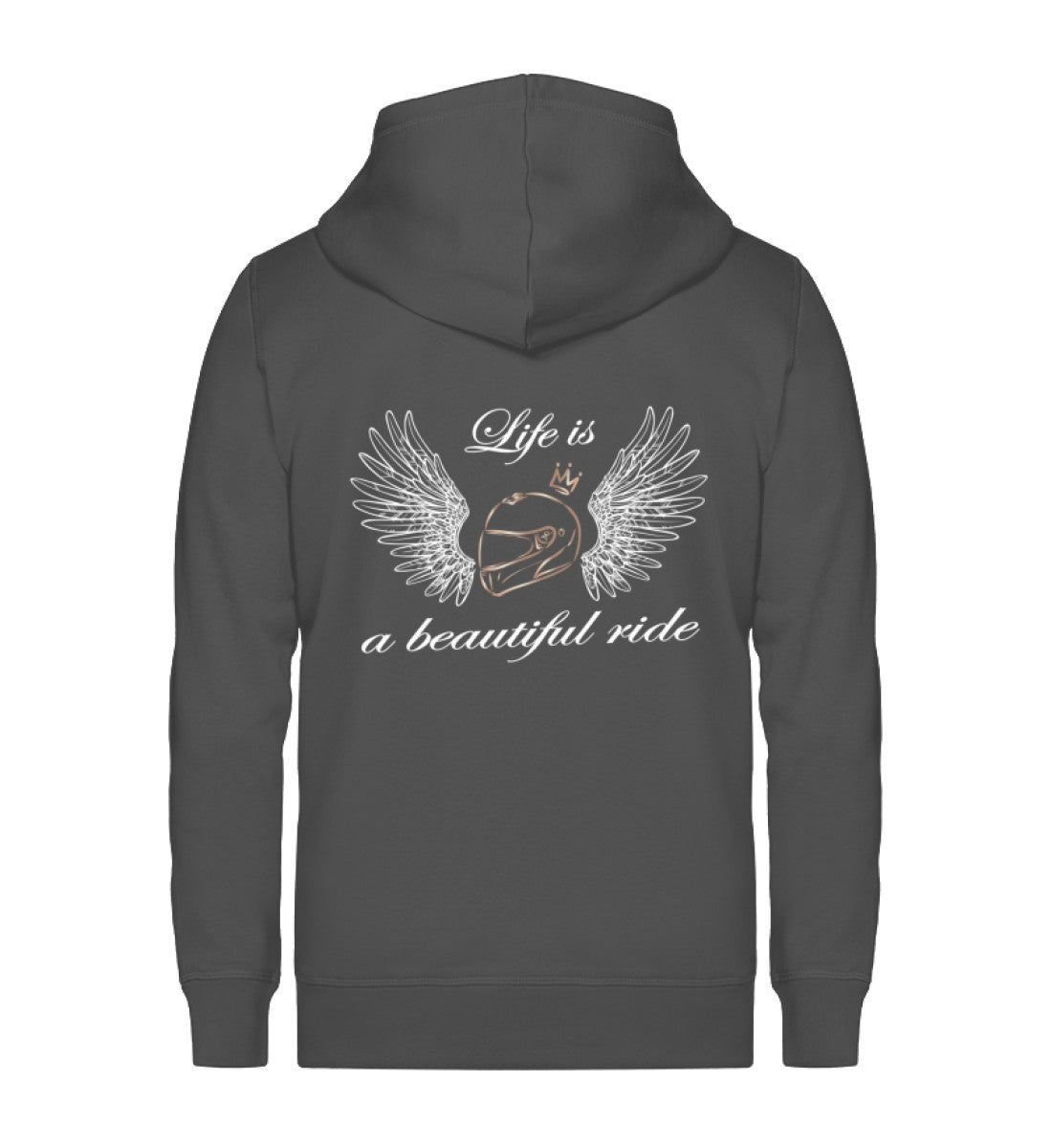Ein Zip-Hoodie für Motorradfahrerinnen von Wingbikers mit dem Aufdruck, Life is a Beautiful Ride - leger geschnitten, in dunkelgrau.