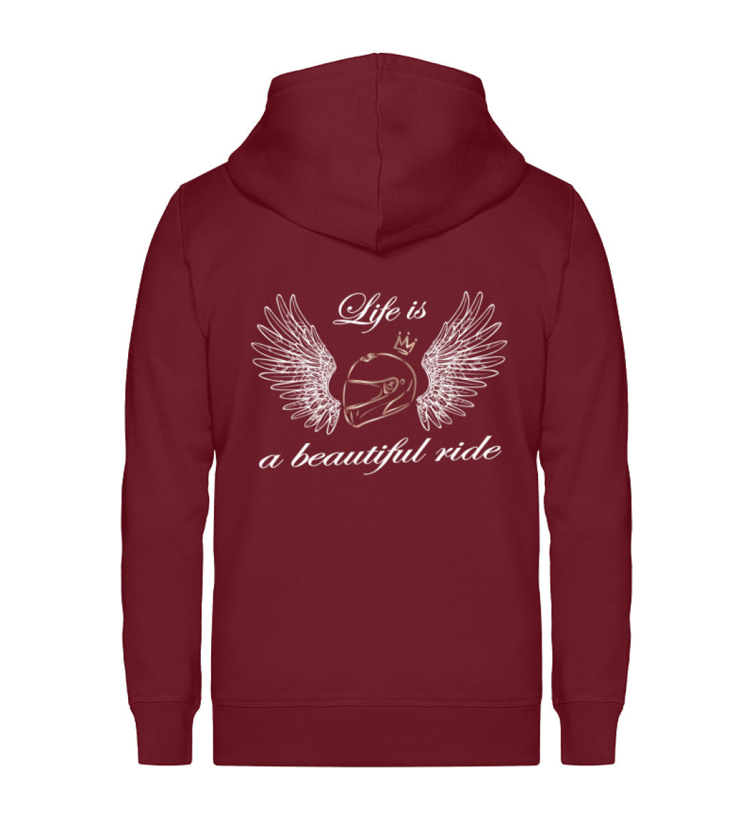 Ein Zip-Hoodie für Motorradfahrerinnen von Wingbikers mit dem Aufdruck, Life is a Beautiful Ride - leger geschnitten, in burgunder.