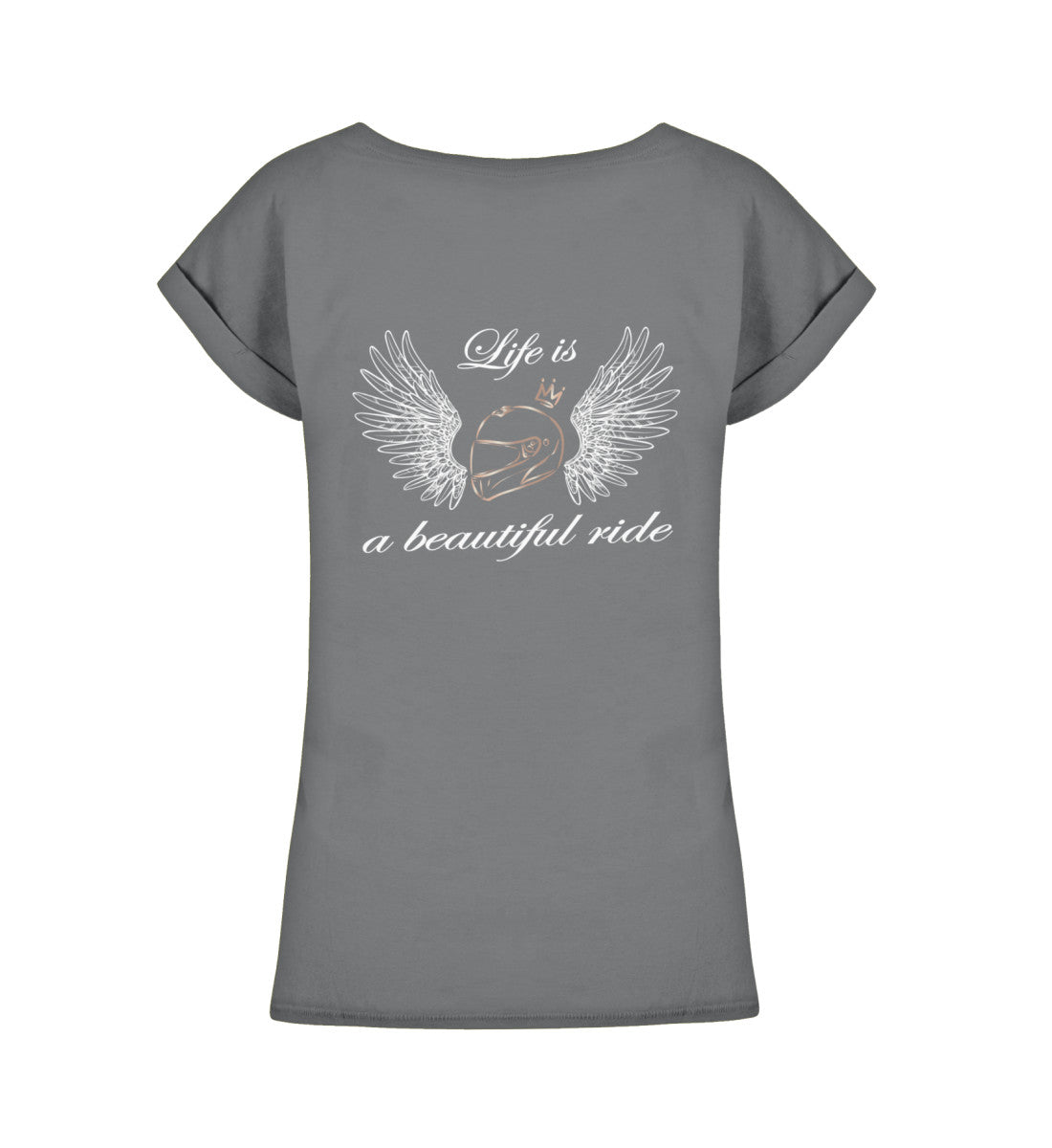 Ein T-Shirt für Motorradfahrerinnen von Wingbikers mit dem Aufdruck, Life is a Beautiful Ride - leger geschnitten, mit Back Print, in dunkelgrau.