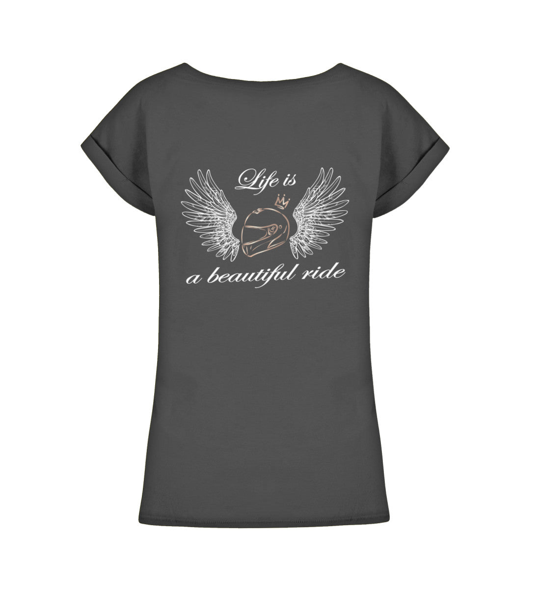 Ein T-Shirt für Motorradfahrerinnen von Wingbikers mit dem Aufdruck, Life is a Beautiful Ride - leger geschnitten, mit Back Print, in schwarz.