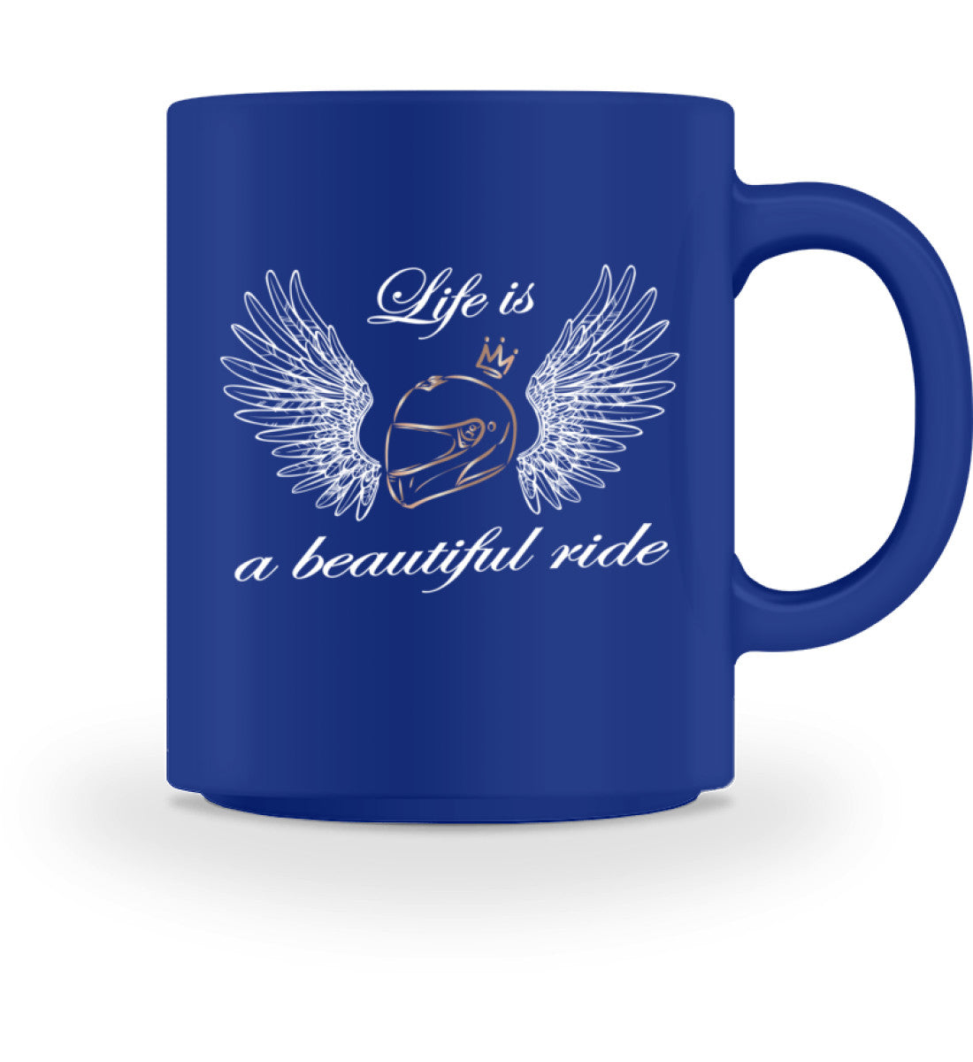 Eine Tasse für Motorradfahrerinnen von Wingbikers, mit dem beidseitigen Aufdruck, Life is a beautiful ride, in blau.