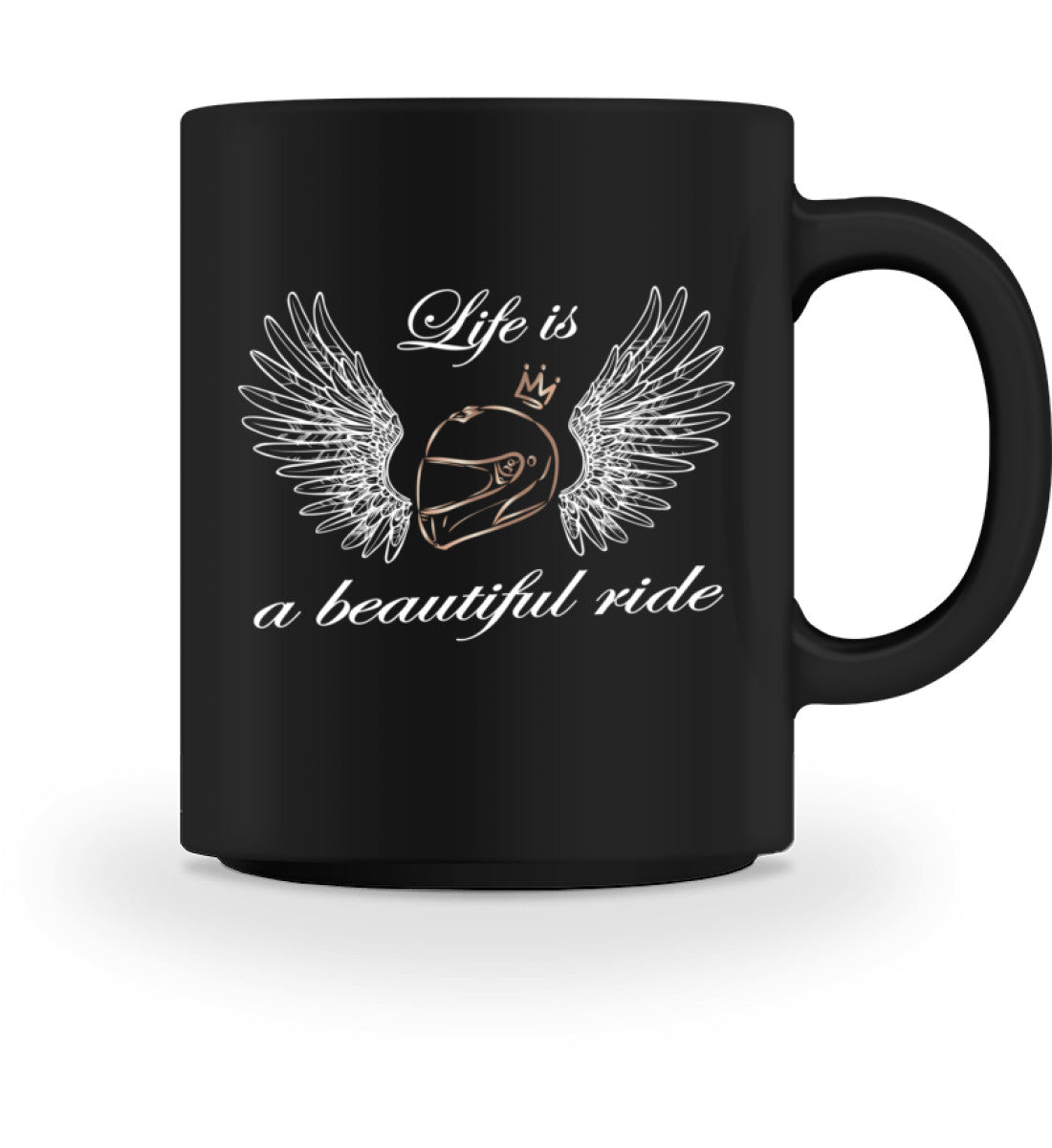 Eine Tasse für Motorradfahrerinnen von Wingbikers, mit dem beidseitigen Aufdruck, Life is a beautiful ride, in schwarz.