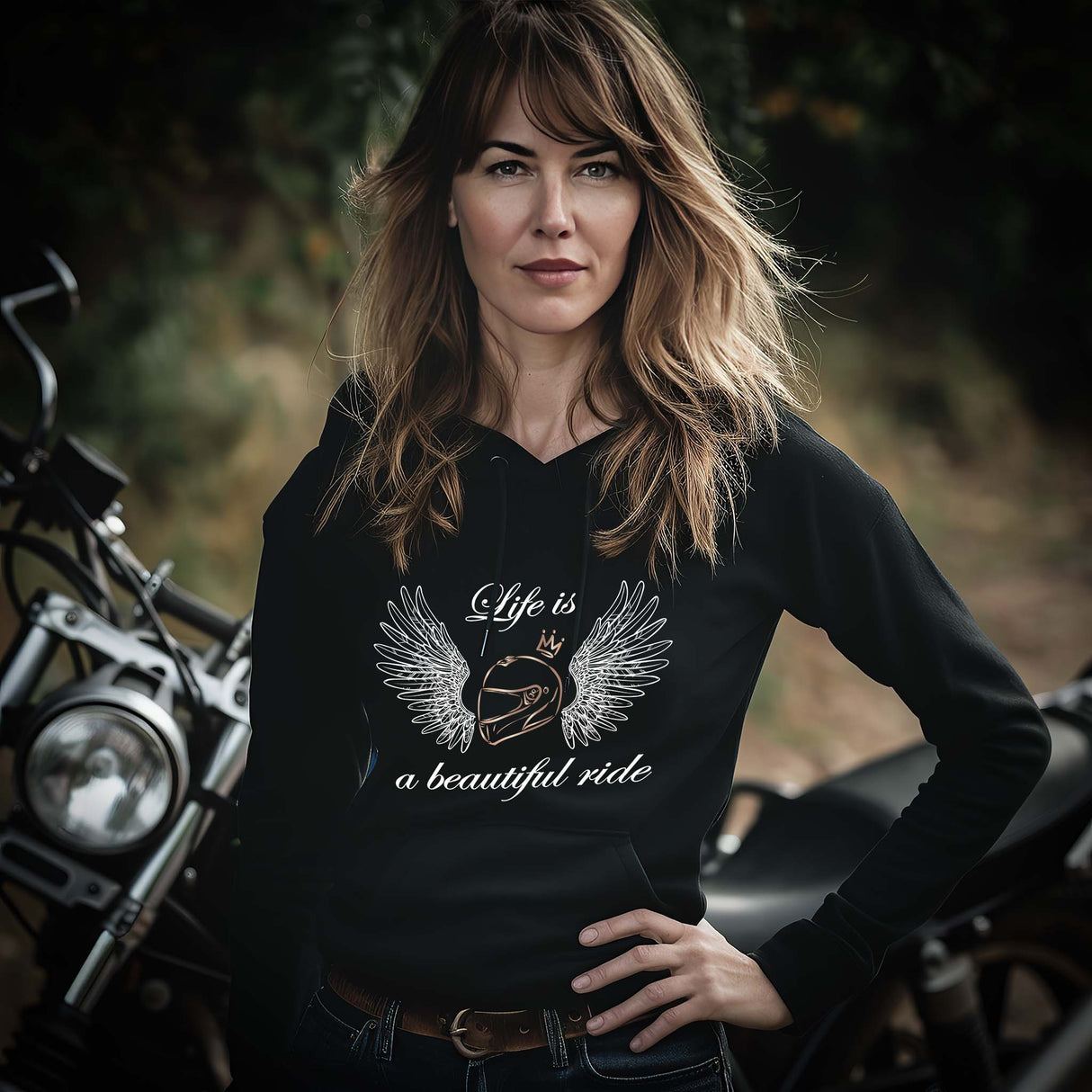 Eine Motorradfahrerin mit einem Hoodie von Wingbikers mit dem Aufdruck, Life is a Beautiful Ride - leger geschnitten, in schwarz.