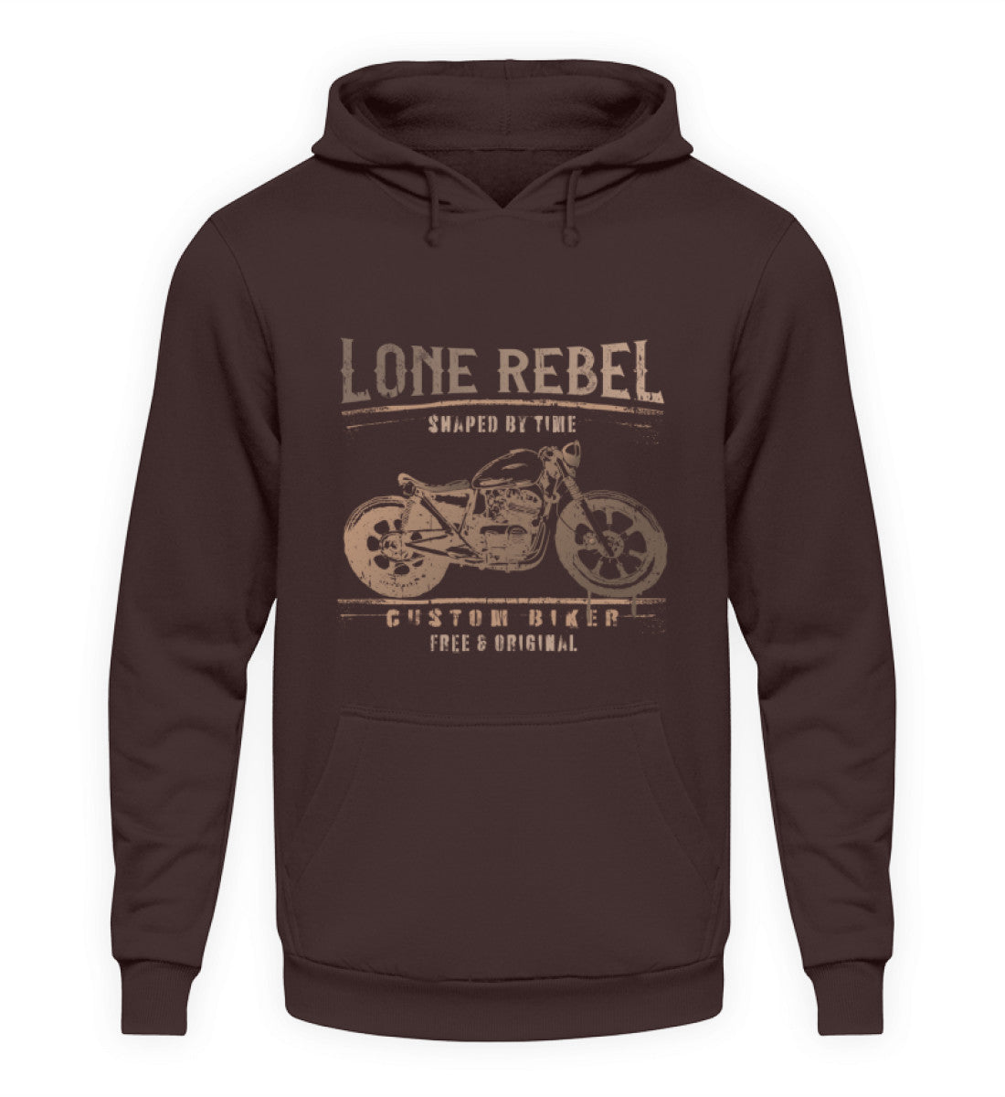 Ein Biker Hoodie für Motorradfahrer von Wingbikers mit dem Aufdruck, Lone Rebel - Shaped by time - Custom Biker, in braun.