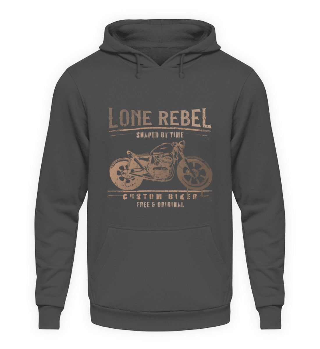 Ein Biker Hoodie für Motorradfahrer von Wingbikers mit dem Aufdruck, Lone Rebel - Shaped by time - Custom Biker, in stahlgrau.