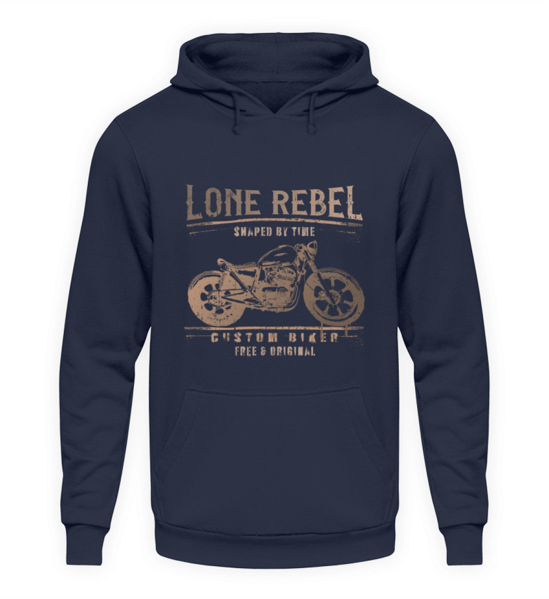 Ein Biker Hoodie für Motorradfahrer von Wingbikers mit dem Aufdruck, Lone Rebel - Shaped by time - Custom Biker, in navy.