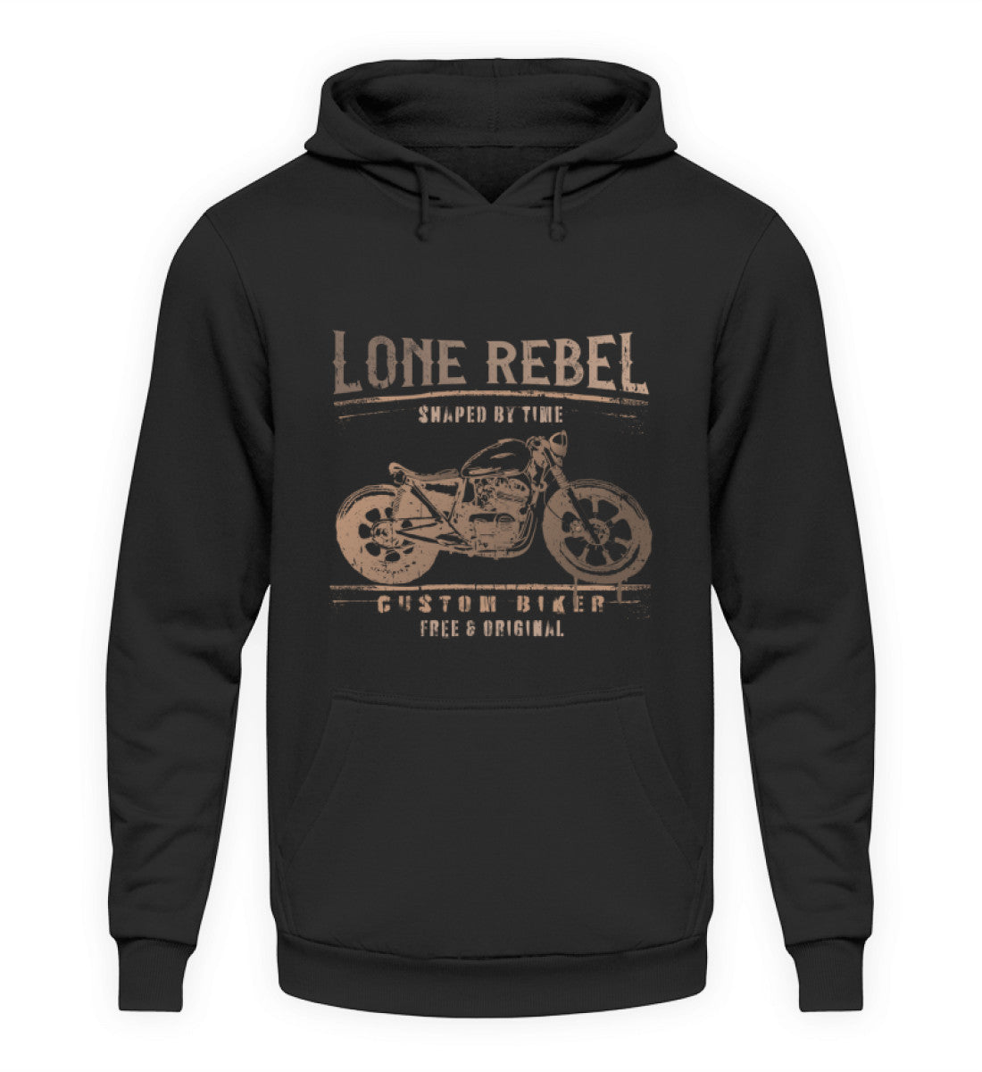 Ein Biker Hoodie für Motorradfahrer von Wingbikers mit dem Aufdruck, Lone Rebel - Shaped by time - Custom Biker, in schwarz.