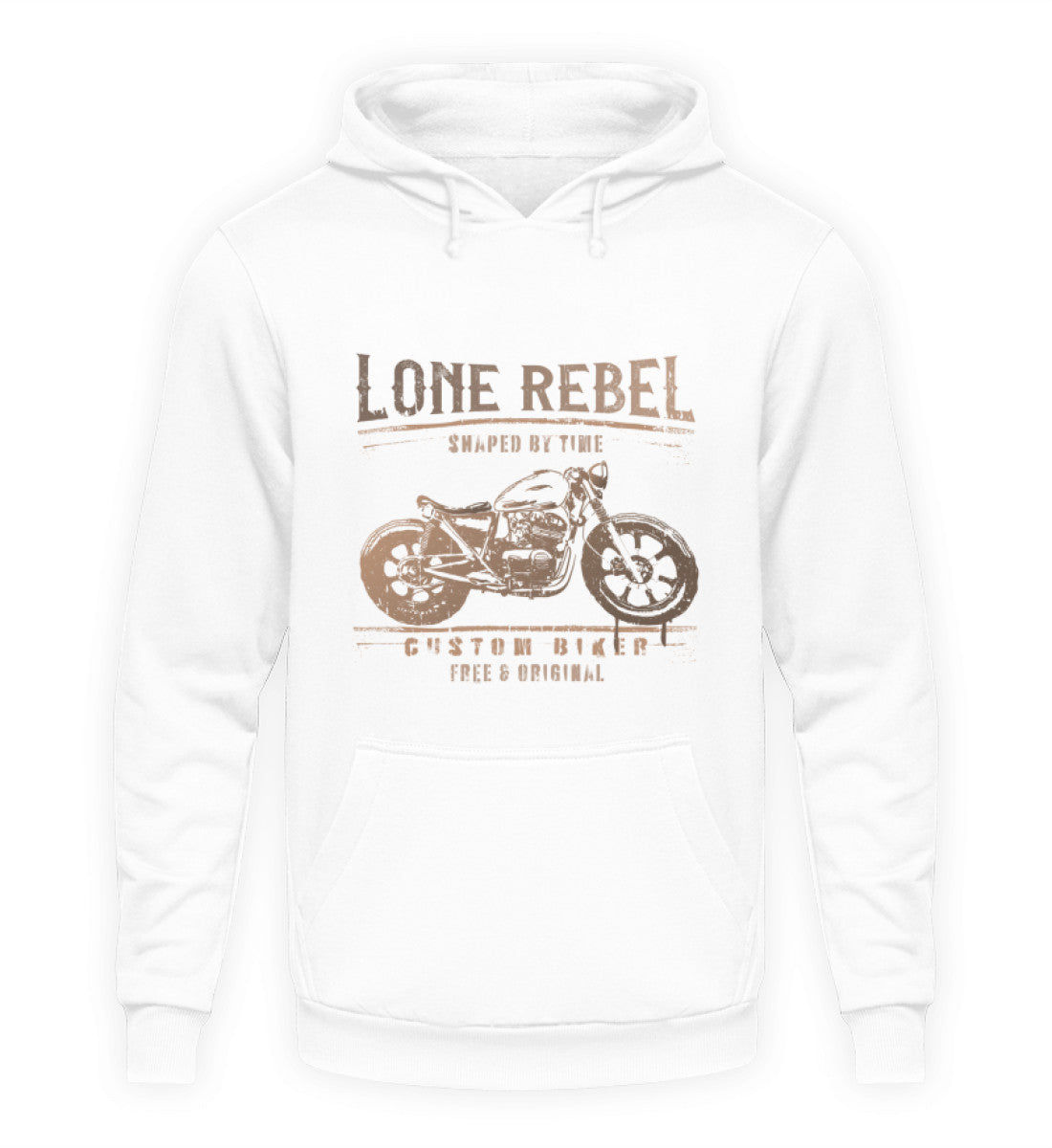 Ein Biker Hoodie für Motorradfahrer von Wingbikers mit dem Aufdruck, Lone Rebel - Shaped by time - Custom Biker, in weiß.