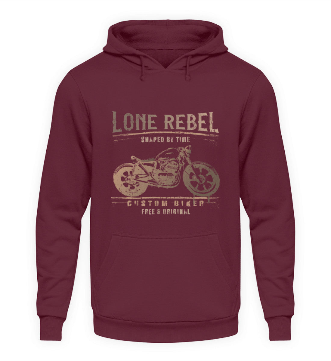Ein Biker Hoodie für Motorradfahrer von Wingbikers mit dem Aufdruck, Lone Rebel - Shaped by time - Custom Biker, in burgunder.