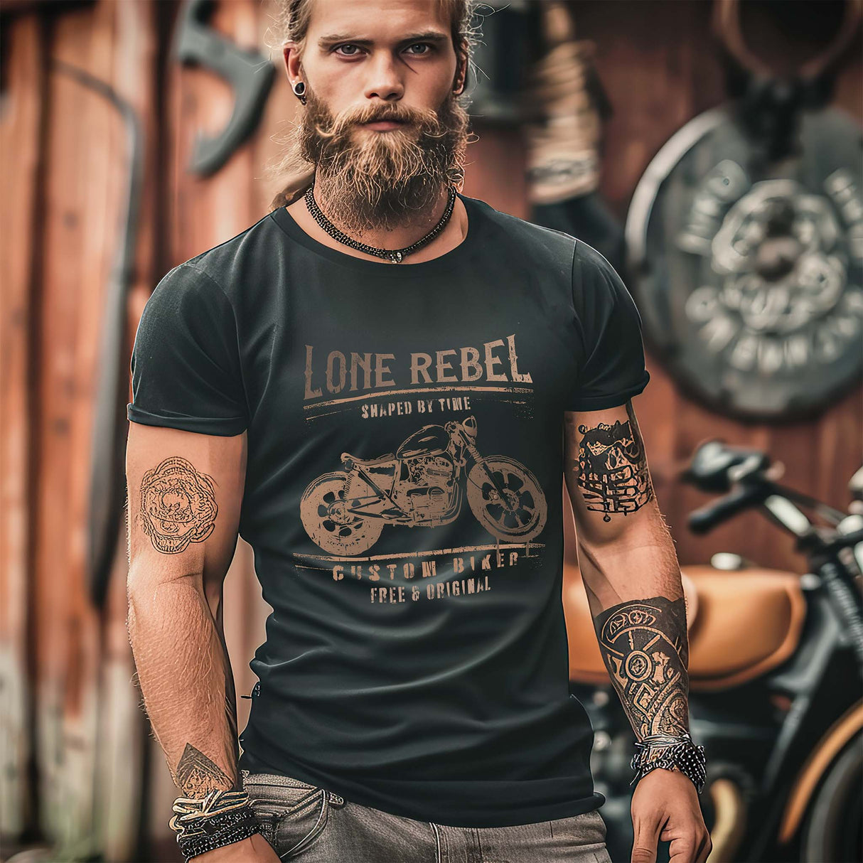 Ein Biker mit einem T-Shirt für Motorradfahrer von Wingbikers mit dem Aufdruck, Lone Rebel - Shaped by time - Custom Biker, in schwarz.