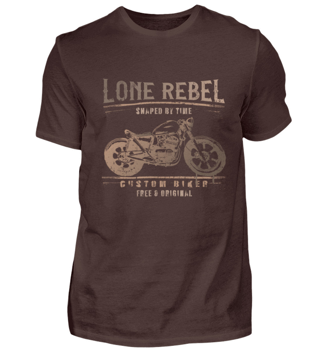 Ein Biker T-Shirt für Motorradfahrer von Wingbikers mit dem Aufdruck, Lone Rebel - Shaped by time - Custom Biker, in braun.
