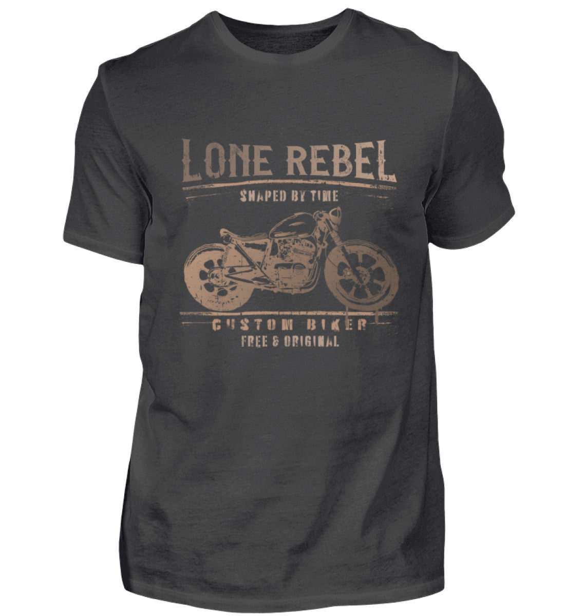 Ein Biker T-Shirt für Motorradfahrer von Wingbikers mit dem Aufdruck, Lone Rebel - Shaped by time - Custom Biker, in graphite.