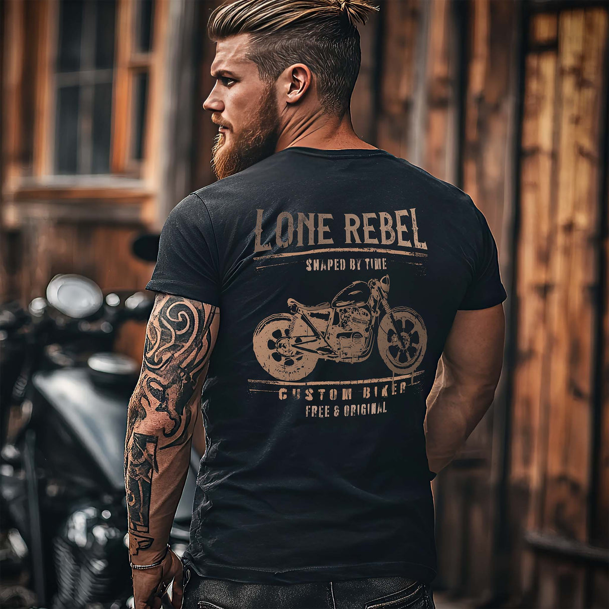 Ein Biker mit einem T-Shirt für Motorradfahrer von Wingbikers mit dem Aufdruck, Lone Rebel - Shaped by time - Custom Biker, mit Back Print, in schwarz.