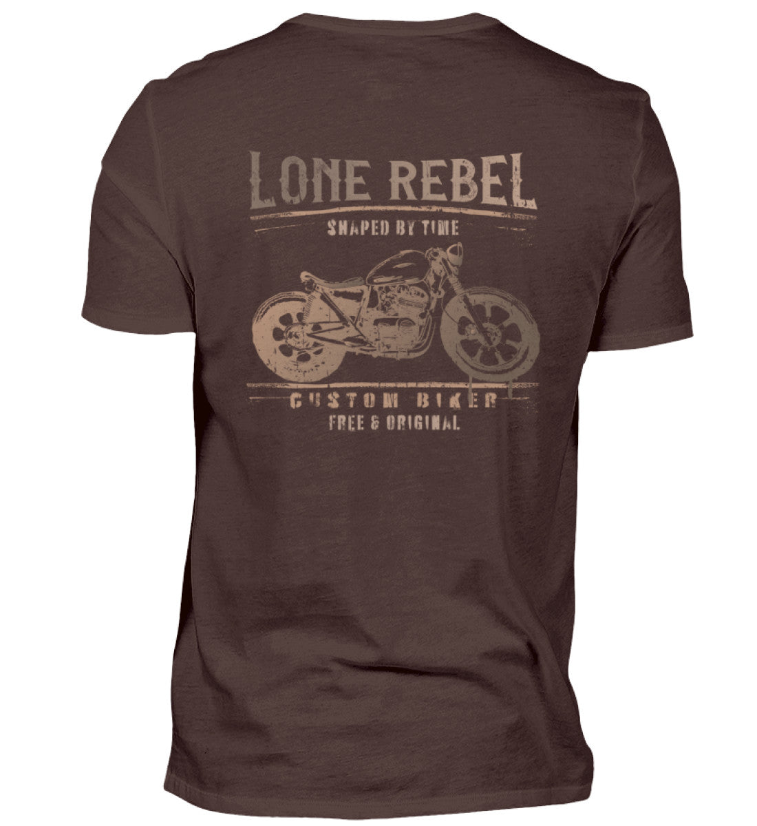 Ein Biker T-Shirt für Motorradfahrer von Wingbikers mit dem Aufdruck, Lone Rebel - Shaped by time - Custom Biker, mit Back Print, in braun.