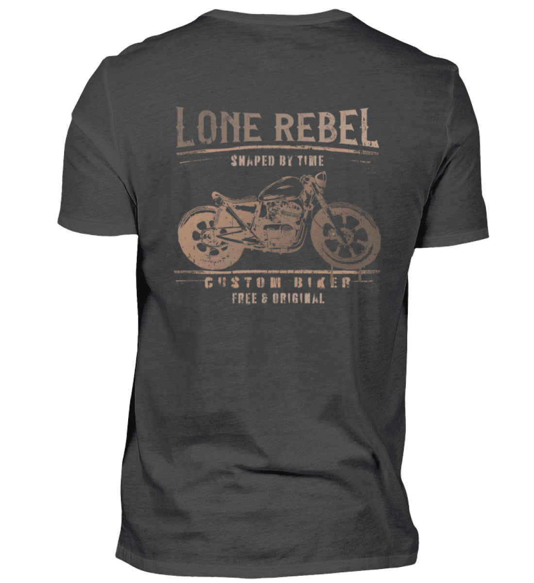 Ein Biker T-Shirt für Motorradfahrer von Wingbikers mit dem Aufdruck, Lone Rebel - Shaped by time - Custom Biker, mit Back Print, in graphite.