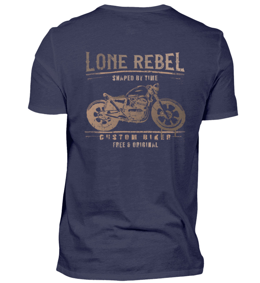 Ein Biker T-Shirt für Motorradfahrer von Wingbikers mit dem Aufdruck, Lone Rebel - Shaped by time - Custom Biker, mit Back Print, in navy.