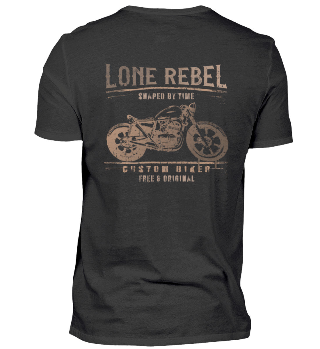 Ein Biker T-Shirt für Motorradfahrer von Wingbikers mit dem Aufdruck, Lone Rebel - Shaped by time - Custom Biker, mit Back Print, in schwarz.