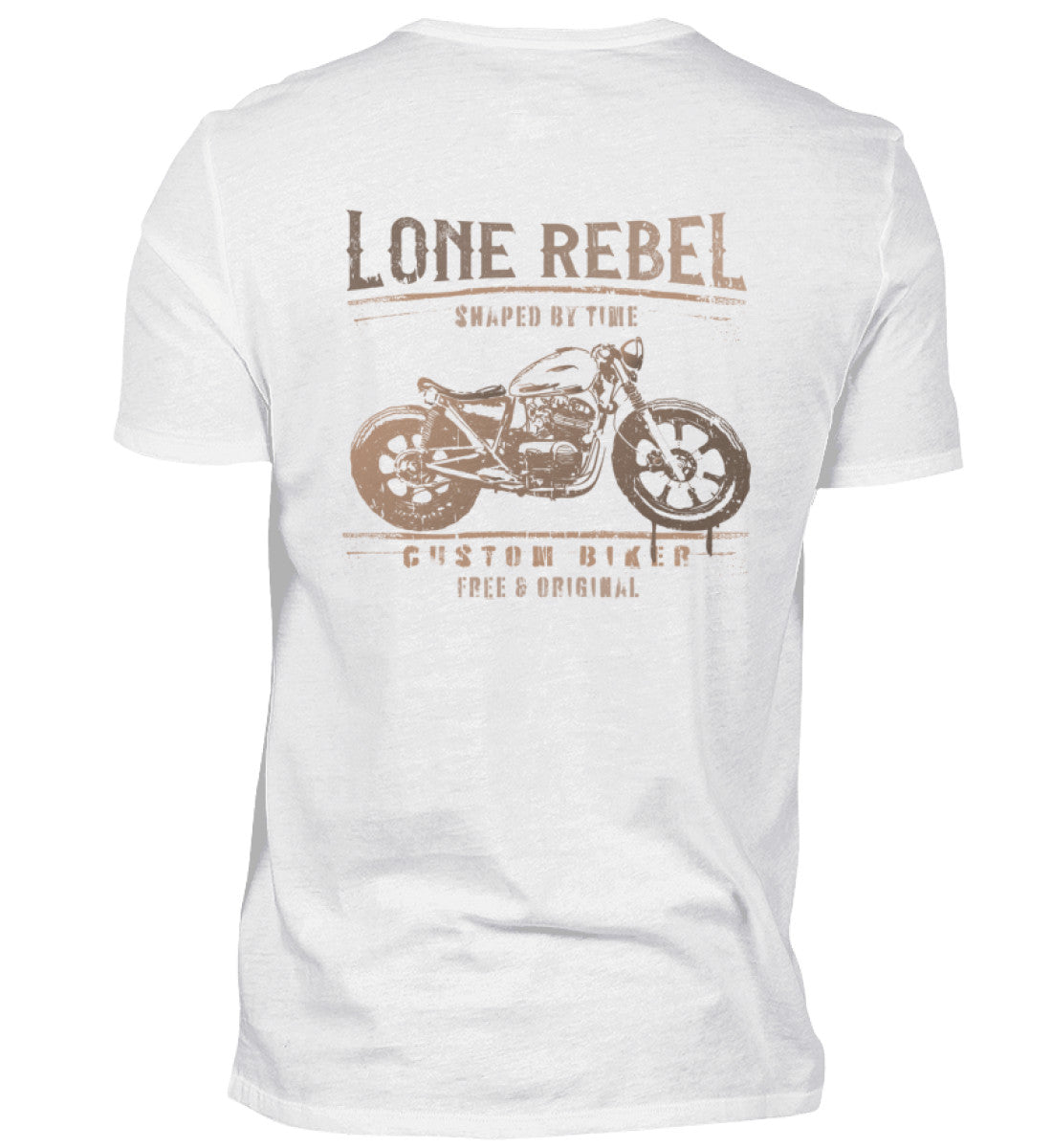 Ein Biker T-Shirt für Motorradfahrer von Wingbikers mit dem Aufdruck, Lone Rebel - Shaped by time - Custom Biker, mit Back Print, in weiß.