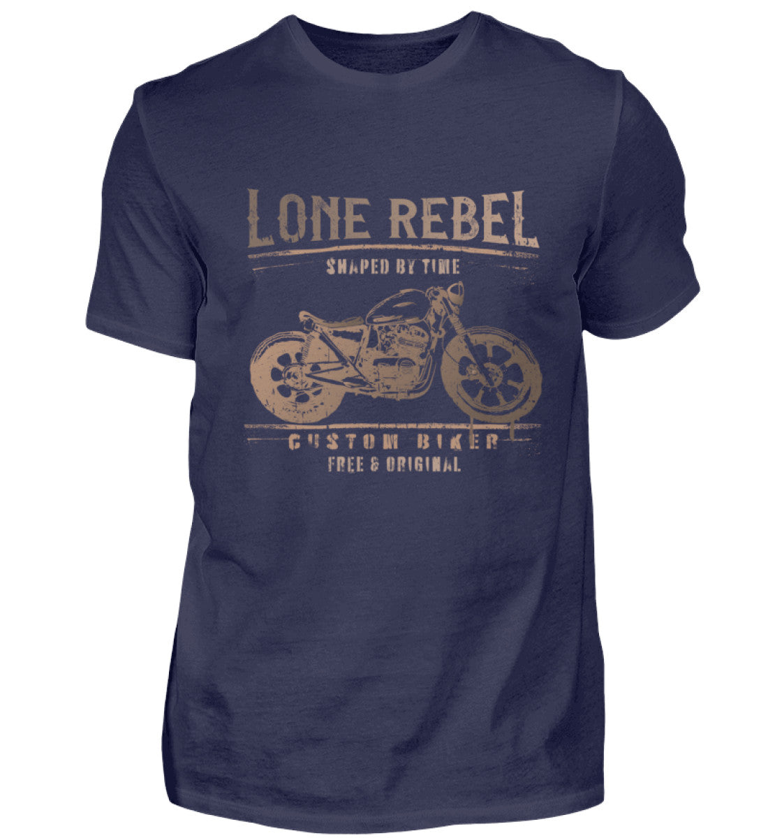 Ein Biker T-Shirt für Motorradfahrer von Wingbikers mit dem Aufdruck, Lone Rebel - Shaped by time - Custom Biker, in navy.