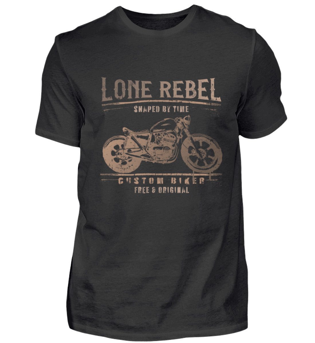 Ein Biker T-Shirt für Motorradfahrer von Wingbikers mit dem Aufdruck, Lone Rebel - Shaped by time - Custom Biker, in schwarz.
