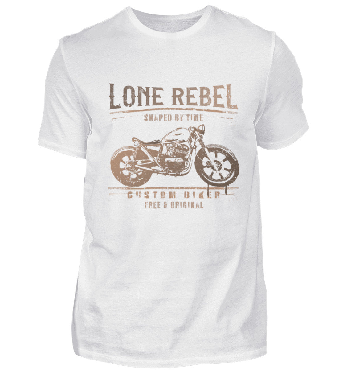 Ein Biker T-Shirt für Motorradfahrer von Wingbikers mit dem Aufdruck, Lone Rebel - Shaped by time - Custom Biker, in weiß.