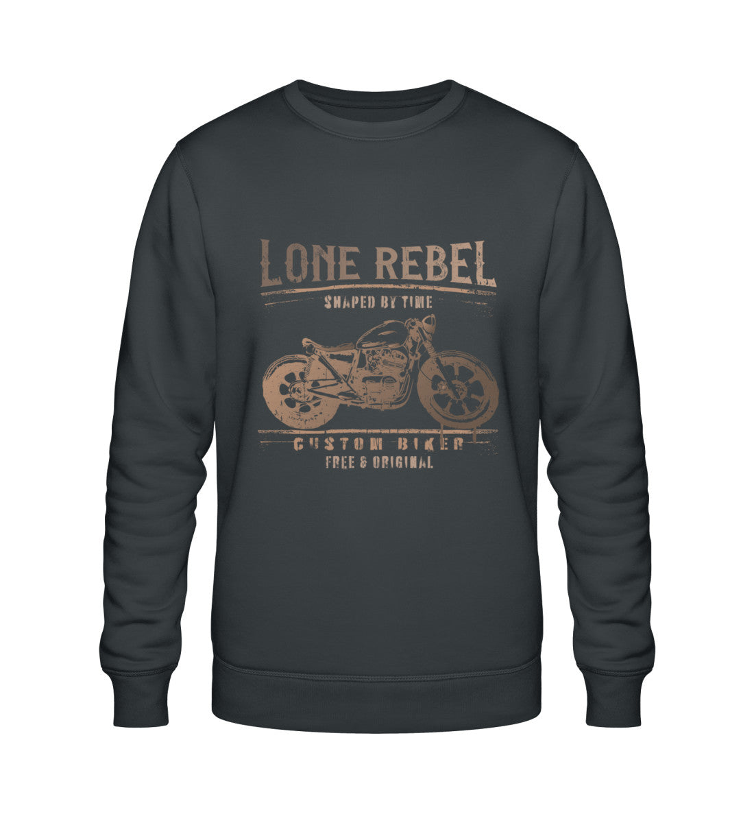 Ein Biker Sweatshirt für Motorradfahrer von Wingbikers mit dem Aufdruck, Lone Rebel - Shaped by time - Custom Biker, in dunkelgrau.