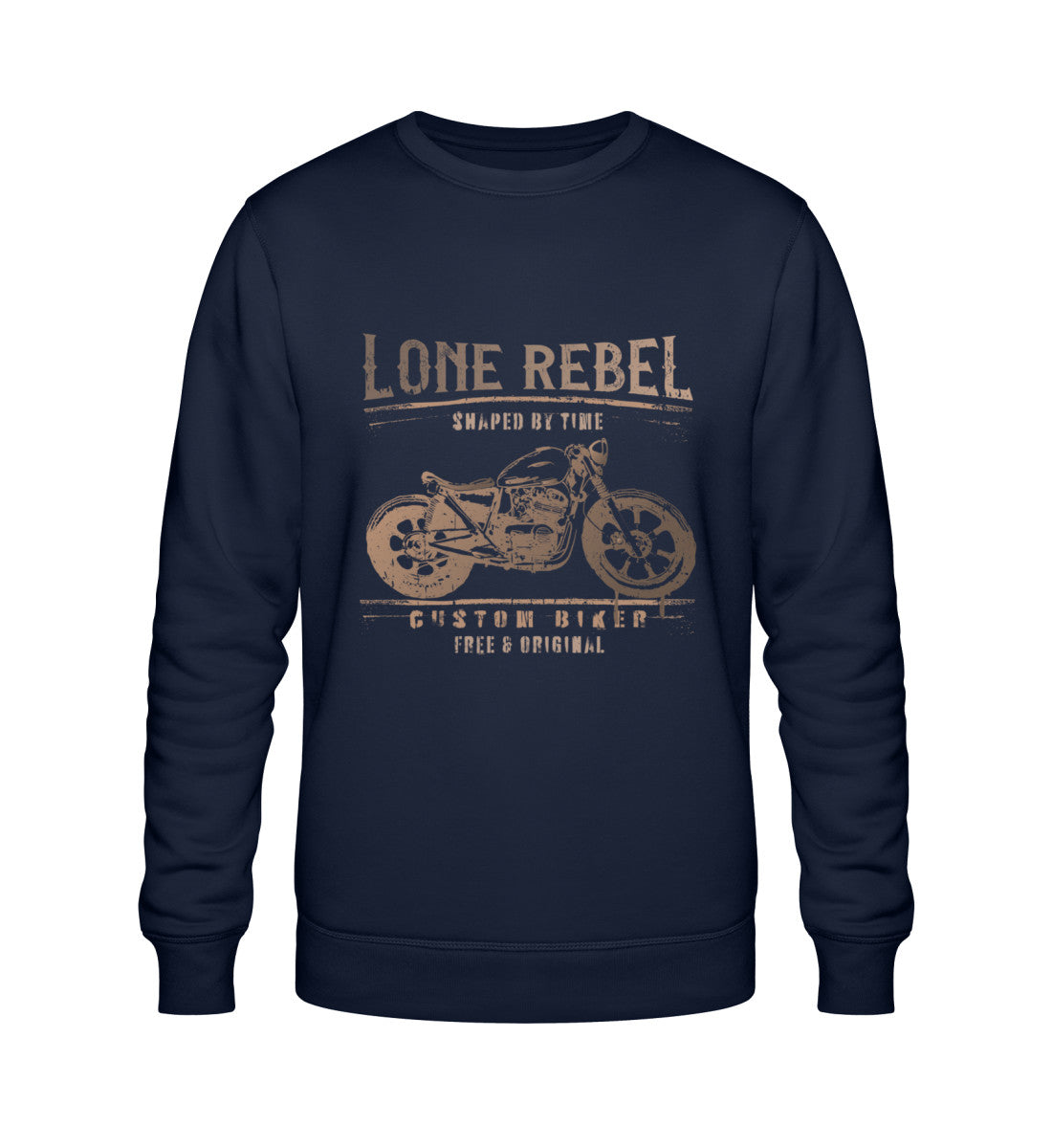 Ein Biker Sweatshirt für Motorradfahrer von Wingbikers mit dem Aufdruck, Lone Rebel - Shaped by time - Custom Biker, in navy.