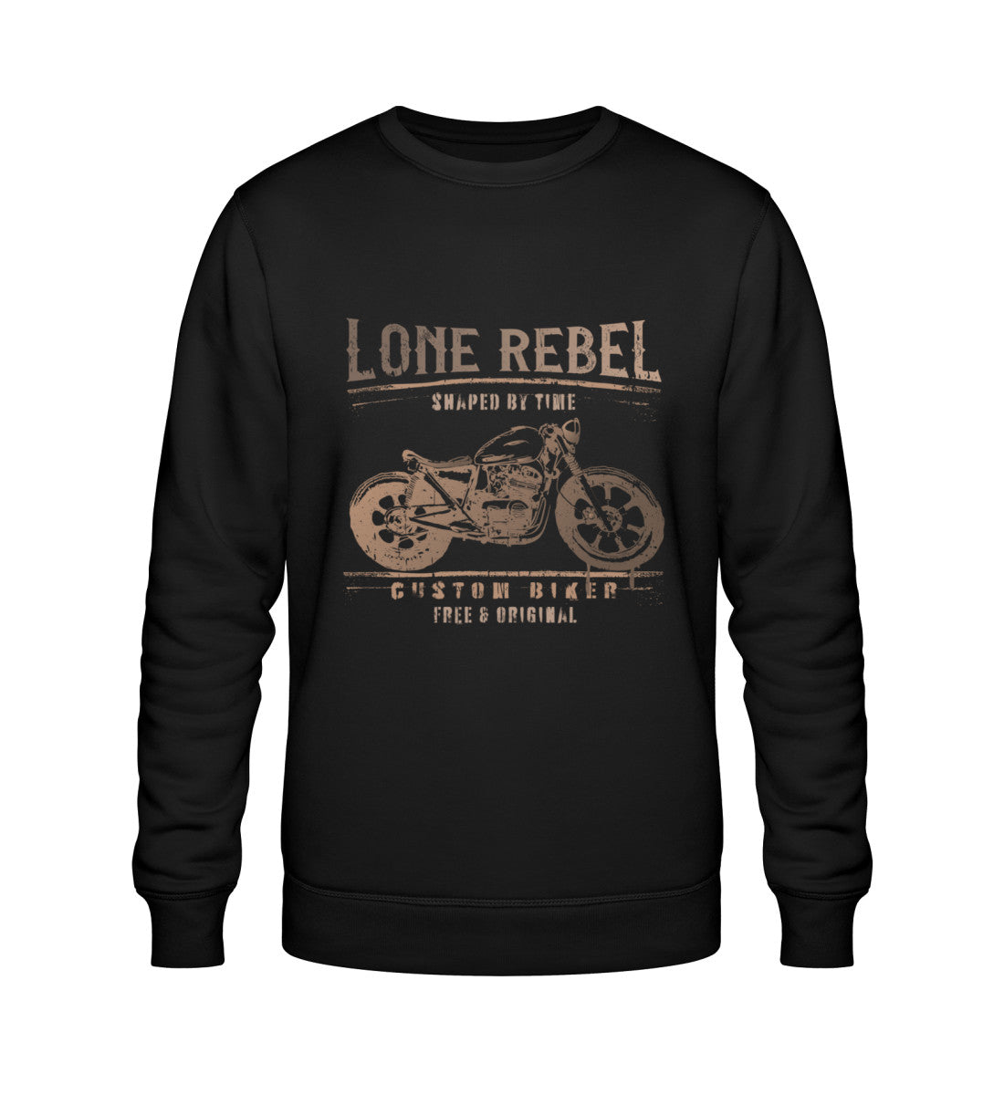 Ein Biker Sweatshirt für Motorradfahrer von Wingbikers mit dem Aufdruck, Lone Rebel - Shaped by time - Custom Biker, in schwarz.