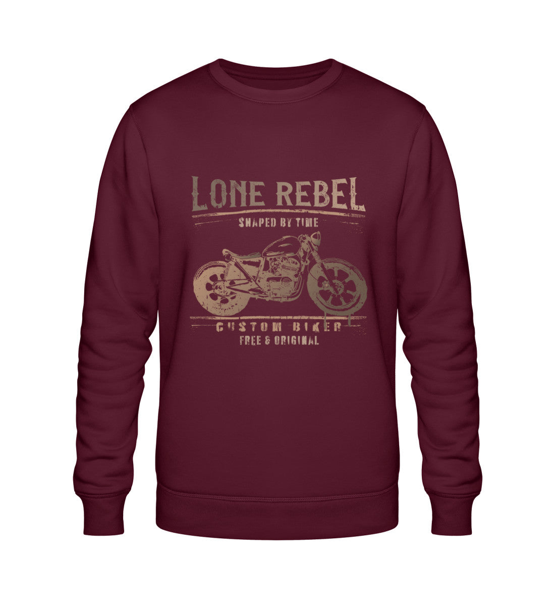 Ein Biker Sweatshirt für Motorradfahrer von Wingbikers mit dem Aufdruck, Lone Rebel - Shaped by time - Custom Biker, in burgunder.
