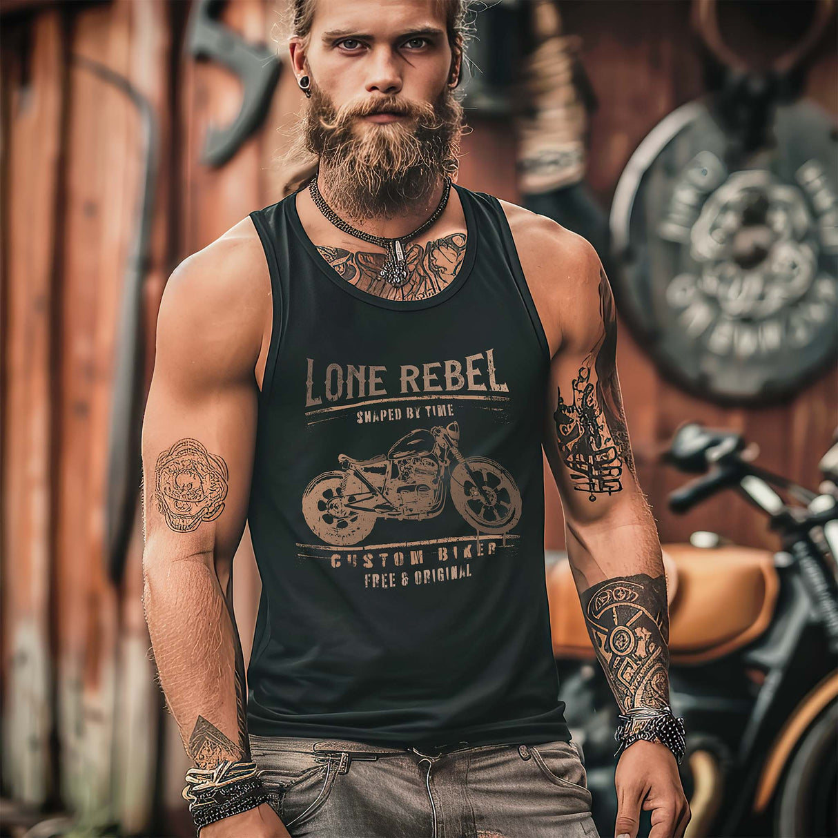 Ein Biker mit einem Tanktop für Motorradfahrer von Wingbikers mit dem Aufdruck, Lone Rebel - Shaped by time - Custom Biker, in schwarz.