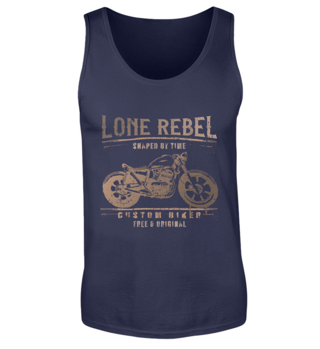 Ein Biker Tanktop für Motorradfahrer von Wingbikers mit dem Aufdruck, Lone Rebel - Shaped by time - Custom Biker, in navy.
