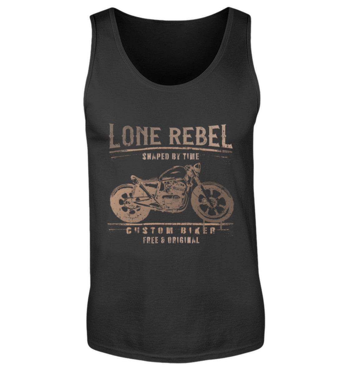 Ein Biker Tanktop für Motorradfahrer von Wingbikers mit dem Aufdruck, Lone Rebel - Shaped by time - Custom Biker, in schwarz.