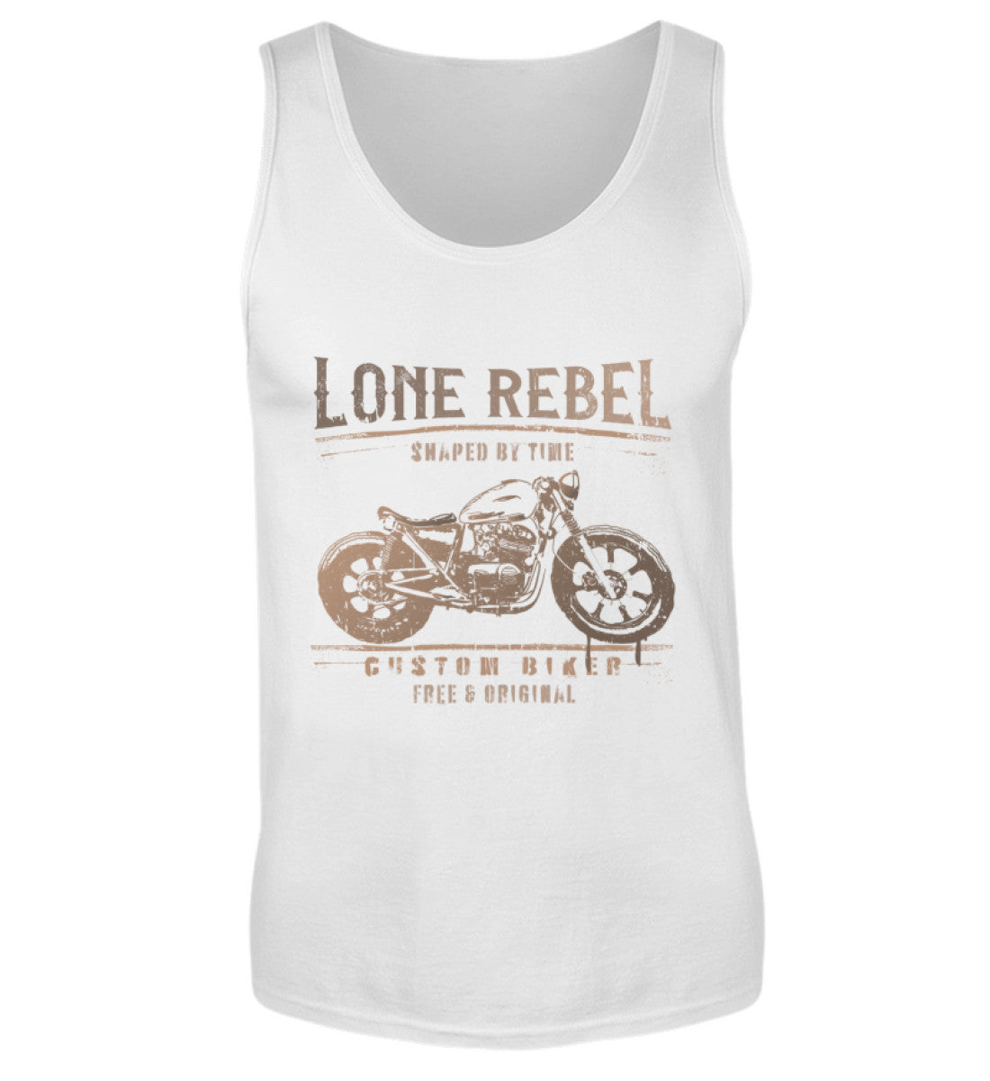 Ein Biker Tanktop für Motorradfahrer von Wingbikers mit dem Aufdruck, Lone Rebel - Shaped by time - Custom Biker, in weiß.