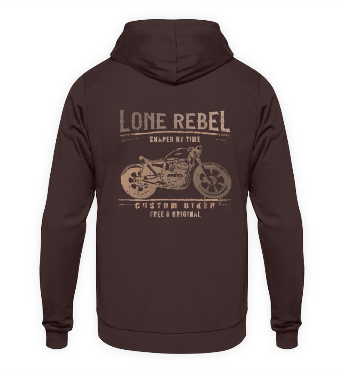 Ein Biker mit einem Hoodie für Motorradfahrer von Wingbikers mit dem Aufdruck, Lone Rebel - Shaped by time - Custom Biker, mit Back Print, in braun.