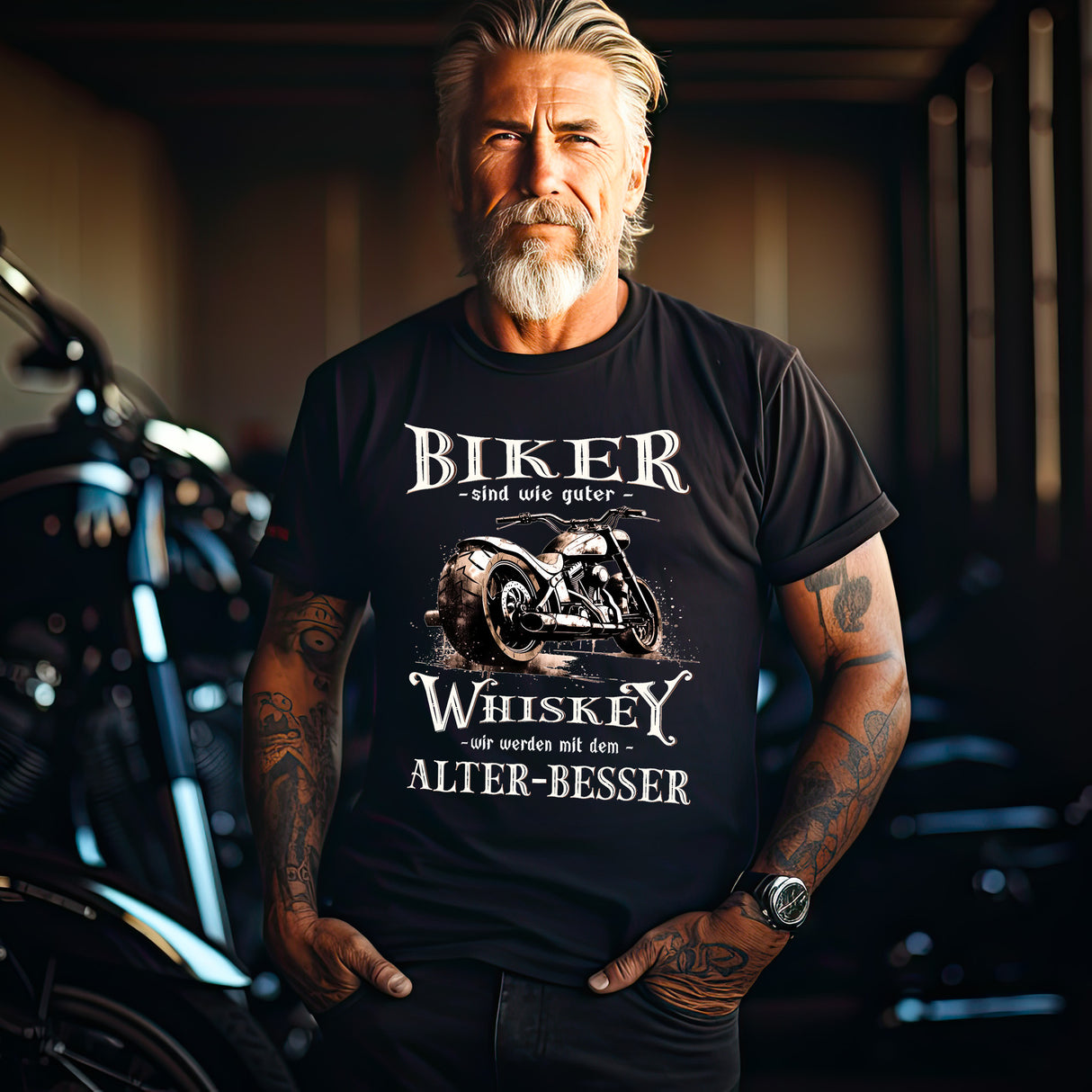 Ein Motorradfahrer vor seinem Motorrad mit einem Biker T-Shirt mit einem vintage Aufdruck, Biker sind wie gute Whiskey - wir werden mit dem Alter besser in schwarz.