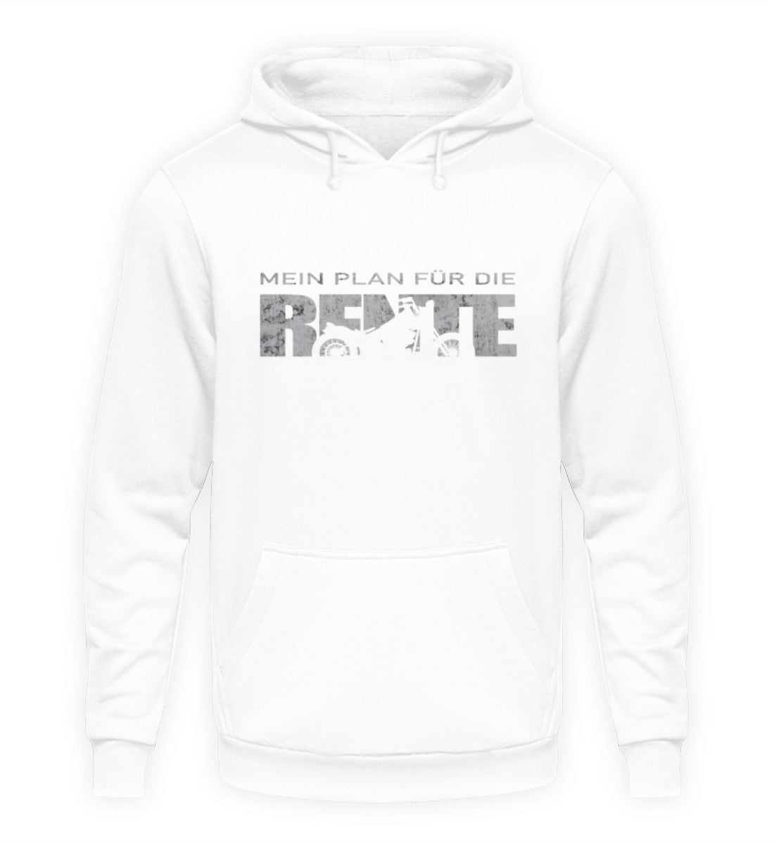 Ein Biker Hoodie für Motorradfahrer von Wingbikers mit dem Aufdruck, Mein Plan für die Rente - in weiß.