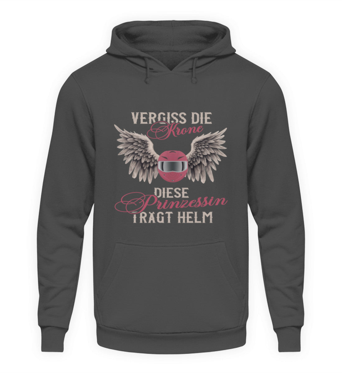 Ein Motorrad Hoodie für Frauen von Wingbikers mit dem Aufdruck, Vergiss die Krone - Diese Prinzessin trägt Helm, in grau.