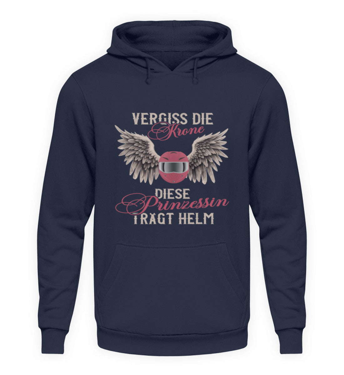 Ein Motorrad Hoodie für Frauen von Wingbikers mit dem Aufdruck, Vergiss die Krone - Diese Prinzessin trägt Helm, in navy.