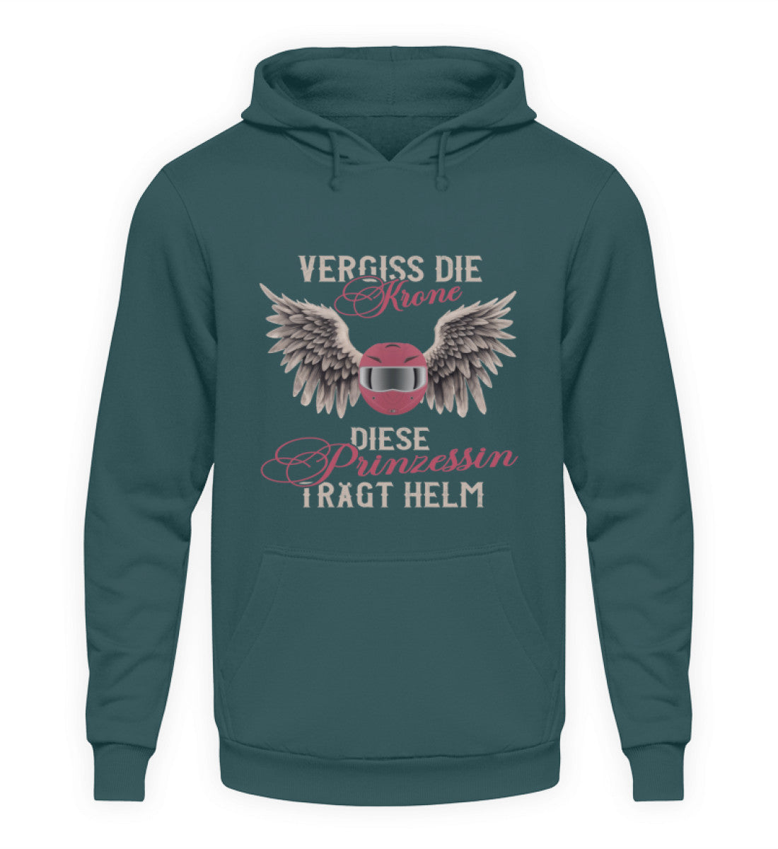 Ein Motorrad Hoodie für Frauen von Wingbikers mit dem Aufdruck, Vergiss die Krone - Diese Prinzessin trägt Helm, in türkis.