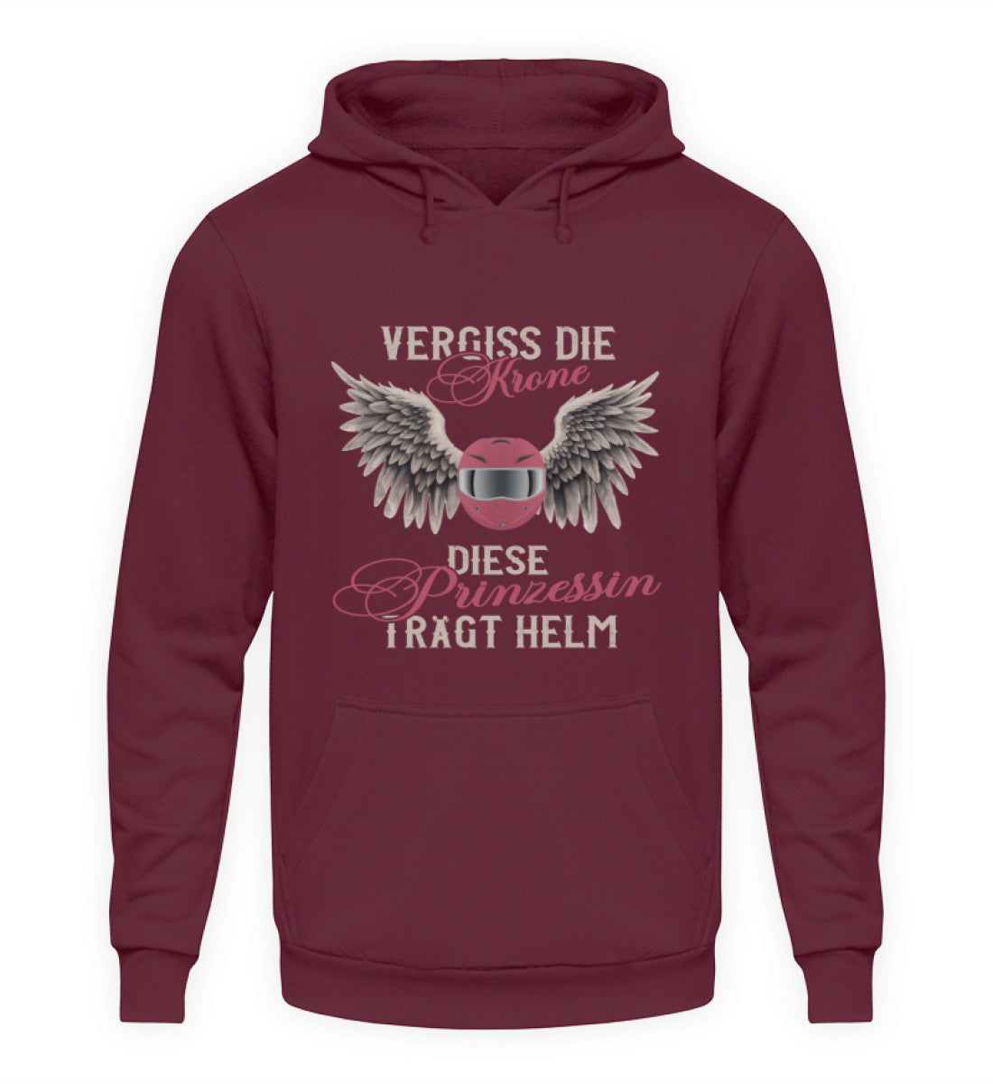 Ein Motorrad Hoodie für Frauen von Wingbikers mit dem Aufdruck, Vergiss die Krone - Diese Prinzessin trägt Helm, in weinrot.