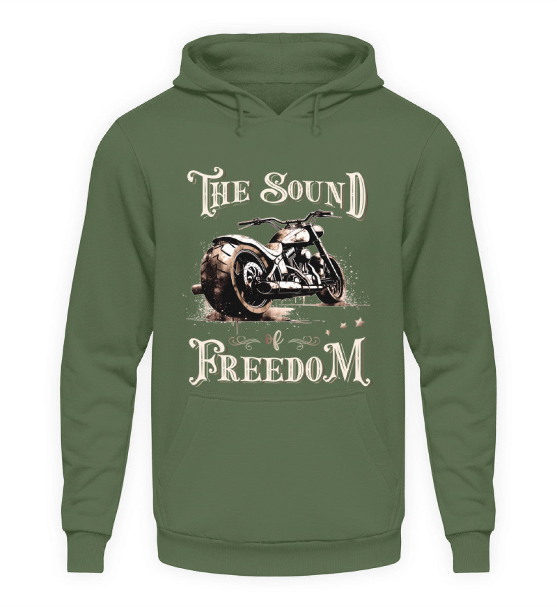 Ein Biker Hoodie für Motorradfahrer von Wingbikers mit dem Aufdruck, The Sound of Freedom, in erdgrün.