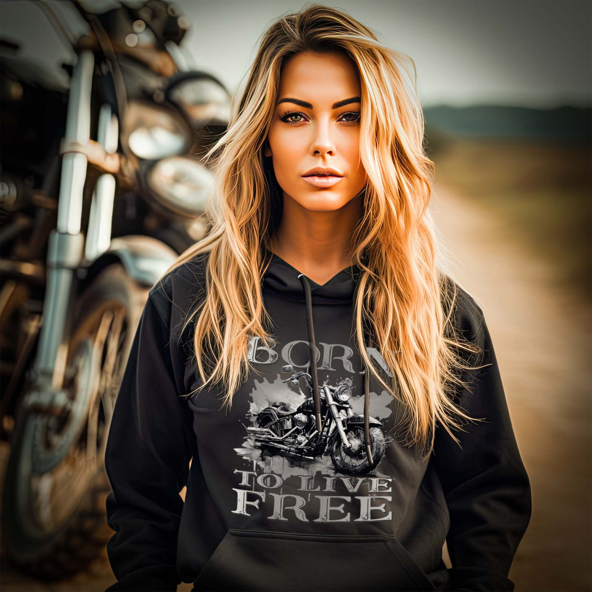 Eine Motorradfahrerin mit einem Hoodie von Wingbikers mit dem Aufdruck, Born to Live Free, in schwarz.
