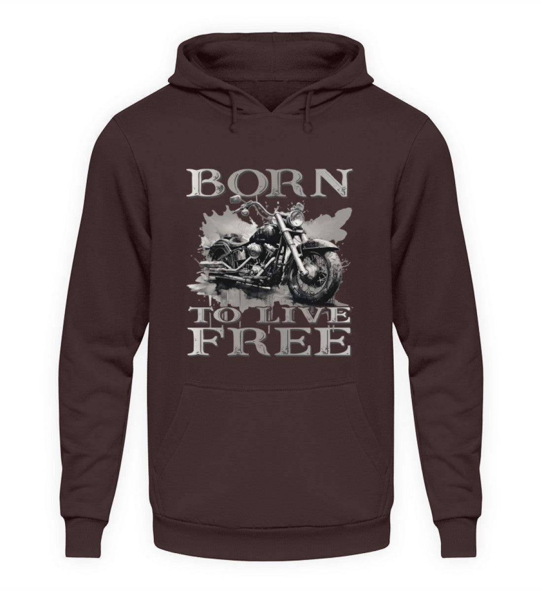 Ein Biker Hoodie für Motorradfahrer von Wingbikers mit dem Aufdruck, Born to Live Free, in braun.