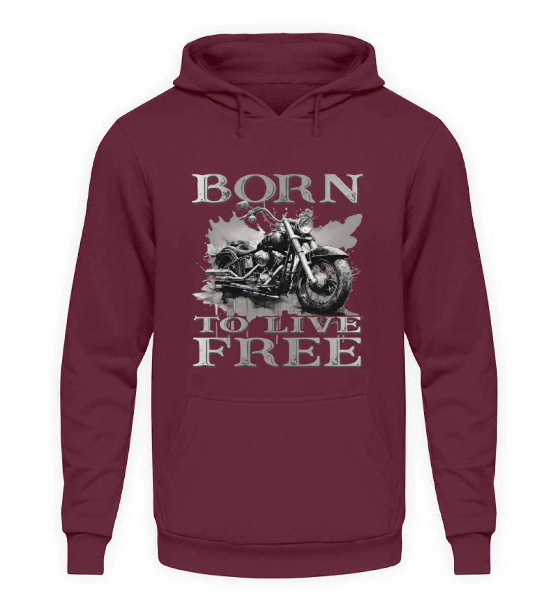 Ein Biker Hoodie für Motorradfahrer von Wingbikers mit dem Aufdruck, Born to Live Free, in burgunder weinrot.