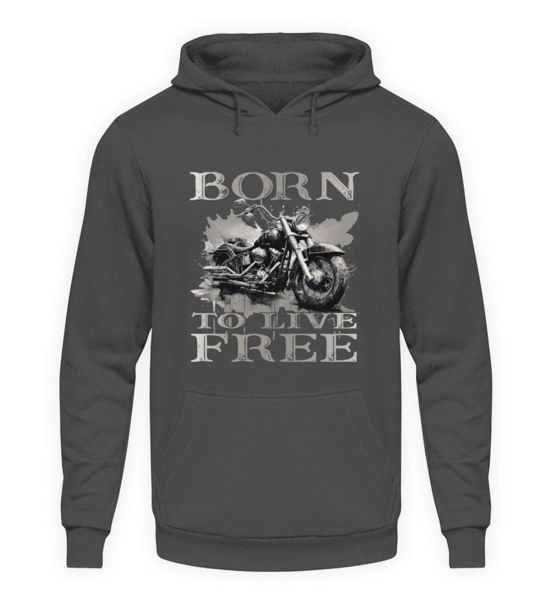 Ein Biker Hoodie für Motorradfahrer von Wingbikers mit dem Aufdruck, Born to Live Free, in dunkelgrau.