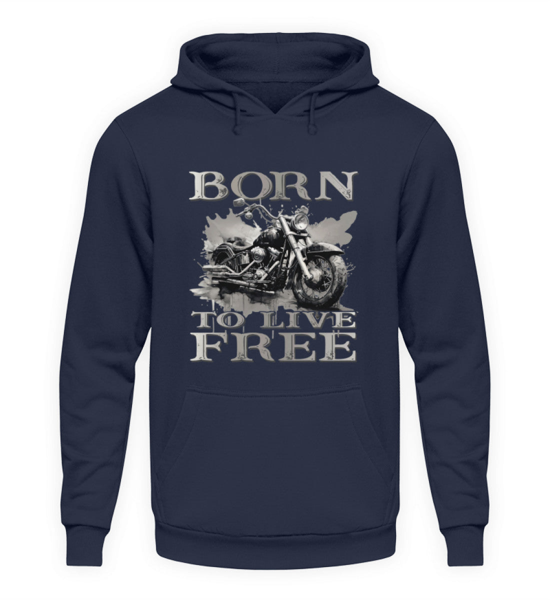 Ein Biker Hoodie für Motorradfahrer von Wingbikers mit dem Aufdruck, Born to Live Free, in navy blau.